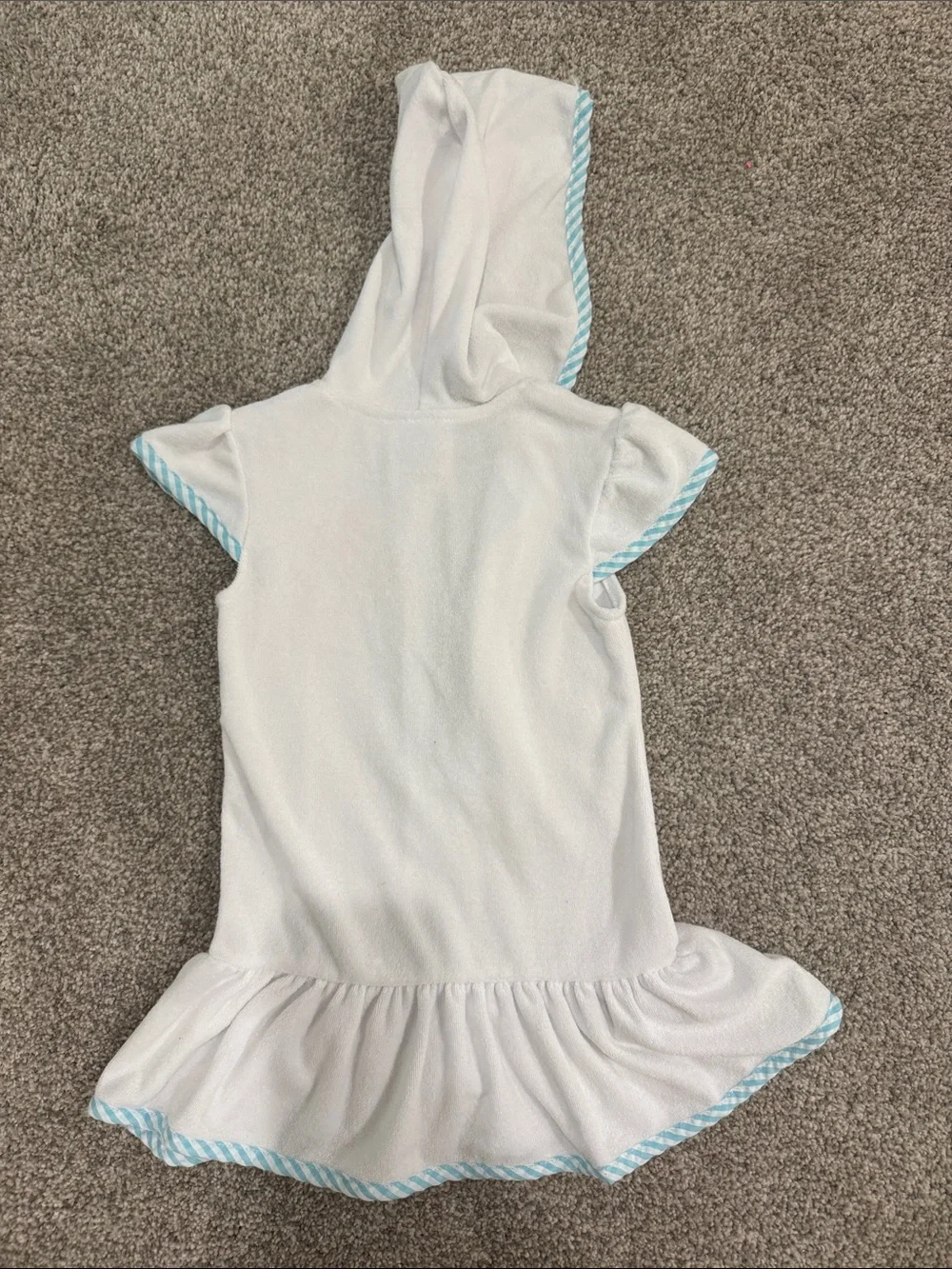 White Hooded Girls' swim cover up with Blue Trim and Pink “J” Embroidery
